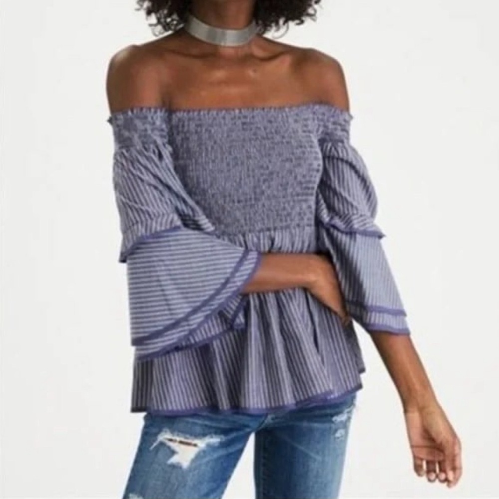 NWT American Eagle Blouse Blue Stripe Off Shoulder Bell Sleeve Womens Medium